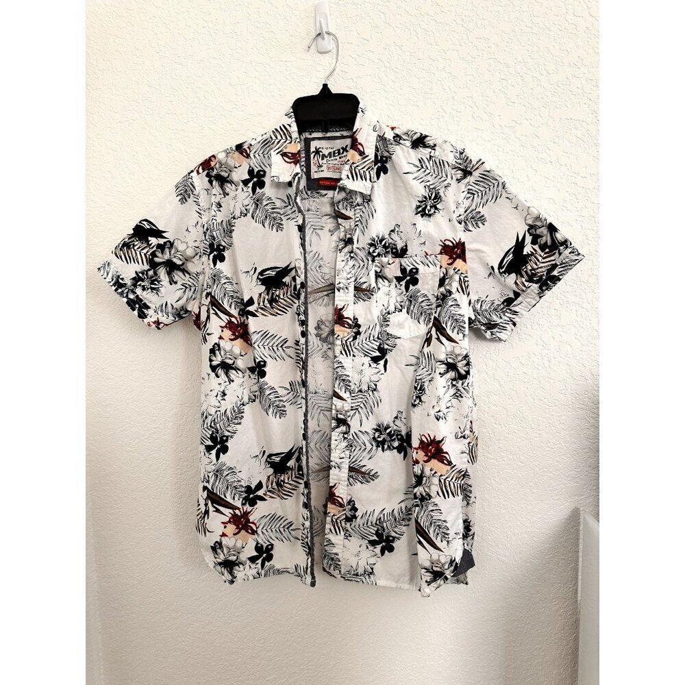 MBX Denim Wear Men’s Button Up Shirt Tropical Floral‎ Hawaiian White Size M